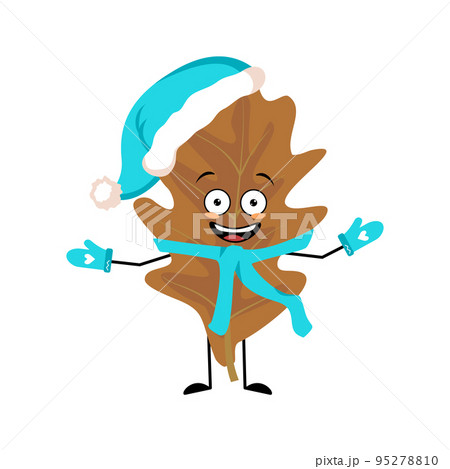 Oak leaf character with joyful emotions, smile on face, happy eyes, arms and legs. Cheerful forest plant in autumn brown colour in Santa hat, scarf and mittens. Vector flat illustration 95278810