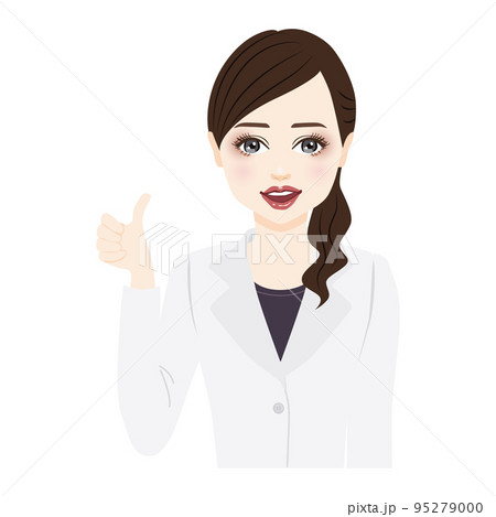 woman in a white coat with ponytail make a thumbs woman in a white coat with ponytail make a thumbs 95279000