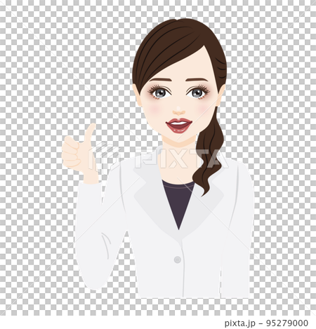woman in a white coat with ponytail make a thumbs woman in a white coat with ponytail make a thumbs 95279000