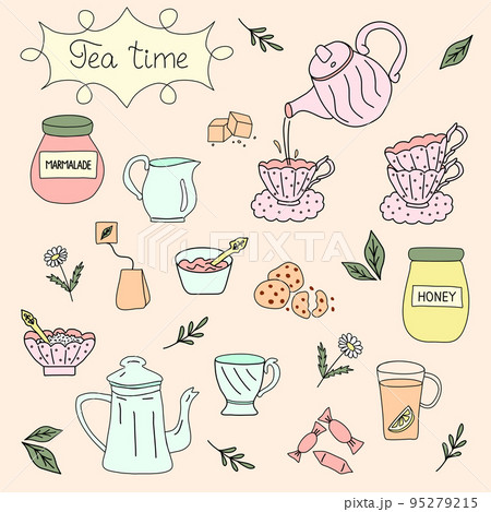 Tea time doodle set, kettles, cups, sweets and tea leaves, flat style vector Tea time doodle set, kettles, cups, sweets and tea leaves, flat style vector 95279215