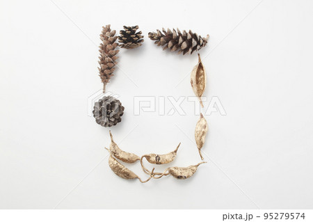 松ぼっくりや枯れ葉やリーフの背景 95279574