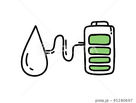 A battery with a charge and a drop of water. Co2 concept of climate change. Recycling. Vector isolated doodle A battery with a charge and a drop of water. Co2 concept of climate change. Recycling. Vector isolated doodle 95280697