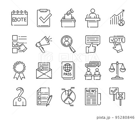 Politician poll icons. Democracy president vote. Law in congress. Man behind tribune. People in ballot. Political campaign. Paper document page. Public survey. Vector line symbols set 95280846