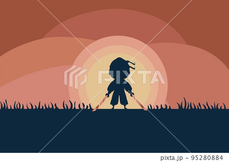 Ninja. Little Japanese warrior silhouette with katana sword, guy in black cloth on field background, asian assassins in night, samurai fighter, combat position vector cartoon flat illustration 95280884