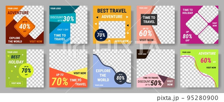 Travel poster or leaflet design template. Social media post or flyer with photo and text space, advertising frame with transparent layer. Bright cover or web background, vector banner 95280900