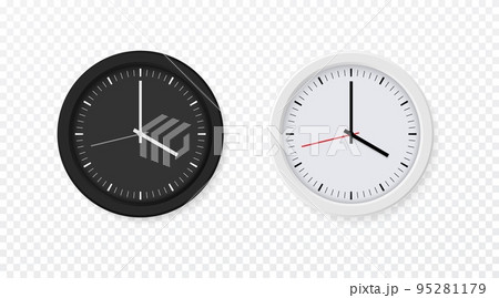 Wall clock, realistic black and white watch. Round hour clockface, quartz clockwise, light schedule, minutes hours and seconds arrow. Time measurement instrument vector isolated modern style element Wall clock, realistic black and white watch. Round hour clockface, quartz clockwise, light schedule, minutes hours and seconds arrow. Time measurement instrument vector isolated modern style element 95281179