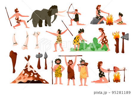 Primitive caveman. Stone age. Animal hunters. Neolithic cave people tools. Primeval children. Women cooking on fire. Men hunting mammoths. Bone weapon. Tribal persons. Vector cartoon Paleolithic set 95281189