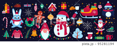 Christmas icons. Kids gift pattern. Stickers or symbols in Xmas ornament. Vintage invitation card decor elements set. Recent winter holidays garlands and fir tree ball toys. Vector illustration banner 95281194