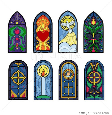 Fantasy stained-glass windows. Old book print. Renaissance architecture cathedrals. Art gothic paper. Ancient shapes. Medieval church mosaic colorful glasses set. Vector abstract tidy silhouettes Fantasy stained-glass windows. Old book print. Renaissance architecture cathedrals. Art gothic paper. Ancient shapes. Medieval church mosaic colorful glasses set. Vector abstract tidy silhouettes 95281200