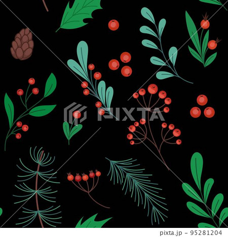 Christmas pattern. Holiday winter plants. Red flower. Holly branch and berry. Floral leaves. Cute mistletoe. Coniferous twigs and cones. Botanical elements. Vector seamless tidy background design 95281204
