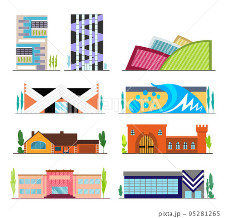 Building facade in flat style on white background. Jpeg city isolated symbols store and shop, home and office. Town icons of commercial architecture, old and modern buildings Building facade in flat style on white background. Jpeg city isolated symbols store and shop, home and office. Town icons of commercial architecture, old and modern buildings 95281265