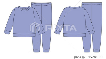 Apparel pajamas technical sketch. Violet color. Childrens cotton sweatshirt and pants. 95281330