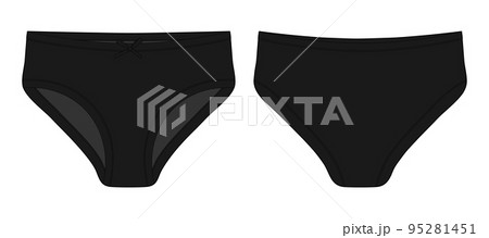 Technical sketch of briefs for girls. Female underpants. Black color. Women casual panties Technical sketch of briefs for girls. Female underpants. Black color. Women casual panties 95281451