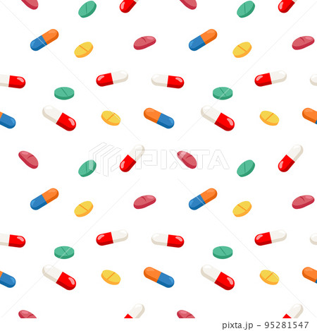 Seamless pattern of medical pills and medicinal capsules. Pharmaceutical background, vector 95281547