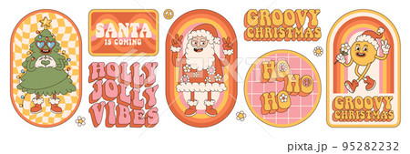 Groovy hippie Christmas stickers. Santa Claus, Christmas tree, smile, rainbow, holly jolly in trendy retro cartoon style. Happy New year greeting card, poster, print, party invitation, background. 95282232