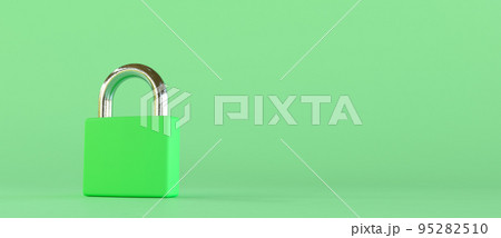 3D illustration. Closed green padlock on an green background. 3D illustration. Closed green padlock on an green background. 95282510