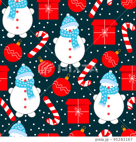 Seamless pattern, snowmen, gifts boxes, candies and Christmas balls. Print, textile, vector 95283167