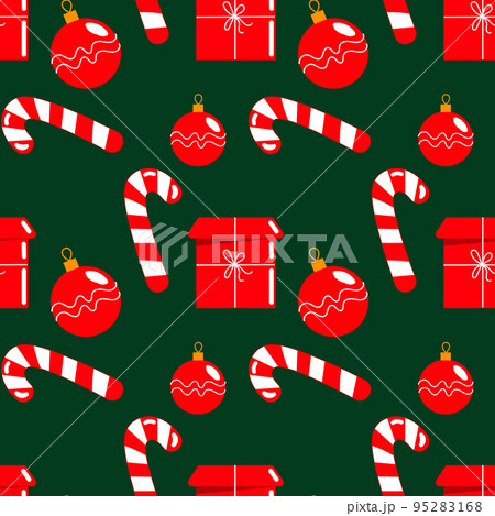 Seamless pattern, red gifts boxes, candies and Christmas balls. Print, textile, vector 95283168