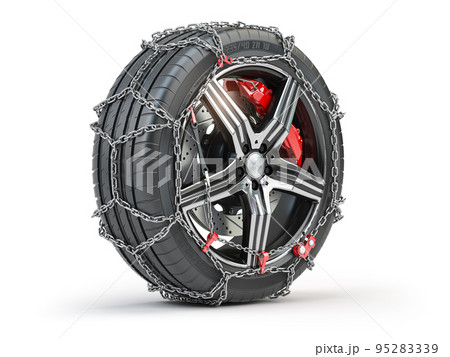 Car wheel with winter tire and snow chain isolated on white background. 95283339