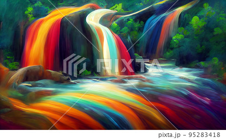 Magical waterfall stream in different color forest. Digital illustration. 95283418