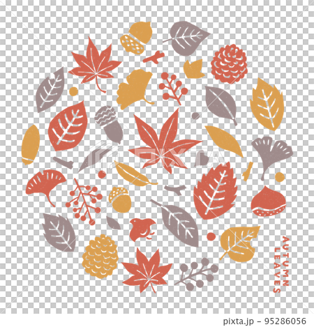 Stamp-style illustration set of autumn leaves and plants 95286056