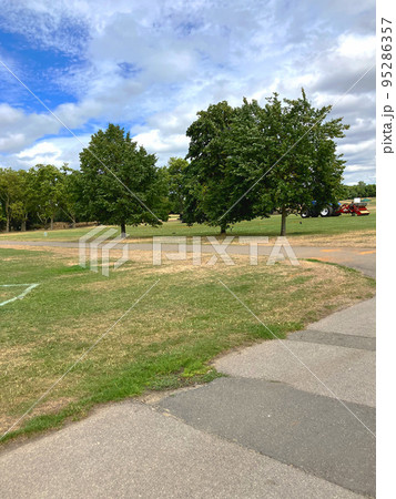 白い雲が目立つ晴れた日の公園 枯れた芝生と濃い緑の木々 白い雲が目立つ晴れた日の公園 枯れた芝生と濃い緑の木々 95286357