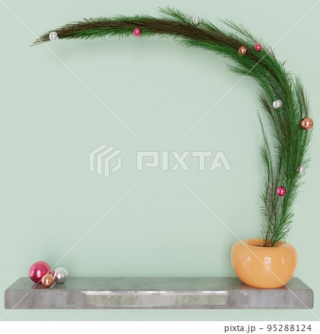 クリスマスツリーやクリスマスリースをイメージしたおしゃれな盆栽と大理石の台（3Dレンダリング） 95288124