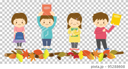 Children with autumn leaves line and books 95288608