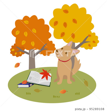 本と犬 紅葉の秋のイラスト素材 [95289108] - PIXTA