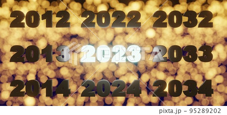 2023年の到来をイメージした光る立体文字の3Dレンダリング（縦は1年、横は10年ごとの変化） 95289202