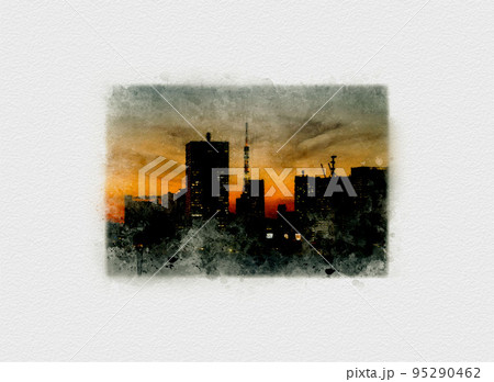 東京のビル群の夕焼け,東京豊洲の夕暮れ,オレンジ色に染まる空,マジックアワーを迎える東京湾,赤く染ま 東京のビル群の夕焼け,東京豊洲の夕暮れ,オレンジ色に染まる空,マジックアワーを迎える東京湾,赤く染ま 95290462