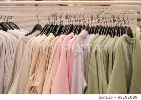 close up of many women cloths display for sale  95292099