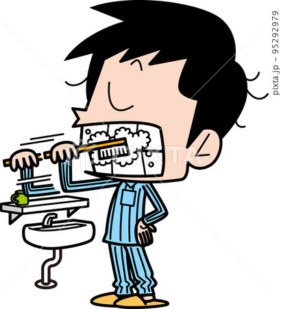 洗面台の前で歯磨きをしているパジャマ姿の男性 洗面台の前で歯磨きをしているパジャマ姿の男性 95292979