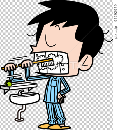 洗面台の前で歯磨きをしているパジャマ姿の男性 洗面台の前で歯磨きをしているパジャマ姿の男性 95292979