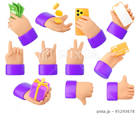 Human hands gestures set. Holding money, phone, gift, card, thumb up and down, pointing, peace and rock. Concept for business design ideas or social media and apps icons. 3d high quality render  95293678