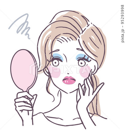 化粧が下手で悩む女の人　メイクが上手くできない　おかめチーク　初心者　人物イラスト素材 95293998