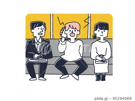 電車で大声でスマホで通話する男性 スマホマナーを呼びかけるイラスト 電車で大声でスマホで通話する男性 スマホマナーを呼びかけるイラスト 95294069