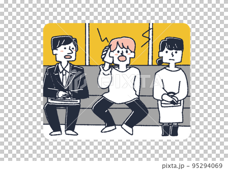 電車で大声でスマホで通話する男性 スマホマナーを呼びかけるイラスト 電車で大声でスマホで通話する男性 スマホマナーを呼びかけるイラスト 95294069
