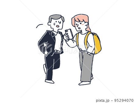 歩きスマホをしている女性　スマホマナーを呼びかけるイラスト 95294070