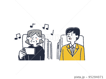 公共の場所で音を出して動画を見る高齢女性　スマホマナーを呼びかけるイラスト 95294071