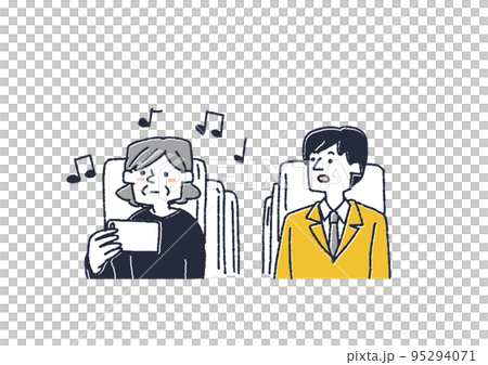 公共の場所で音を出して動画を見る高齢女性　スマホマナーを呼びかけるイラスト 95294071