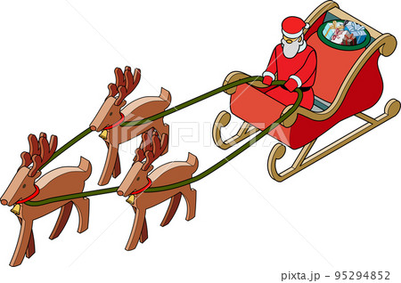 サンタクロースと、クリスマスプレゼントを積んだソリを引くトナカイのアイソメトリックイラスト サンタクロースと、クリスマスプレゼントを積んだソリを引くトナカイのアイソメトリックイラスト 95294852