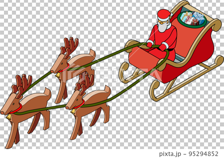 サンタクロースと、クリスマスプレゼントを積んだソリを引くトナカイのアイソメトリックイラスト サンタクロースと、クリスマスプレゼントを積んだソリを引くトナカイのアイソメトリックイラスト 95294852