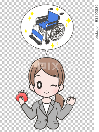 一個穿著黑色西裝的微笑女人的插圖素材,她很高興找到一種廉價購買或租用輪椅的方法 一個穿著黑色西裝的微笑女人的插圖素材,她很高興找到一種廉價購買或租用輪椅的方法 95295826