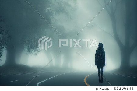 road and big trees in fog, mystical foggy autumnal 95296843
