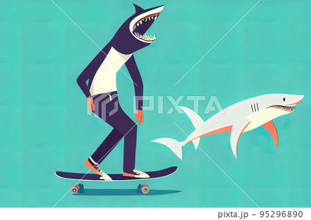 Cool shark skateboarder, 2d illustration. Calm trendy dressed anthropomorphic 95296890