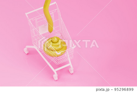 Yellow cartoon poop is in shopping cart. 3d render, 3d trendy illustration. 95296899
