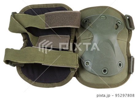 Army tactical knee pads in khaki color, close-up, on a white background, isolate 95297808