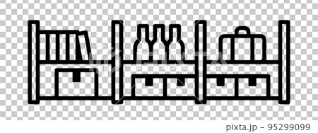 Warehouse icon with storage racks, books, bottles, suitcases and cardboard 95299099