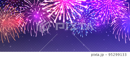 Realistic festive fireworks with transparency effect. Colorful explosion with bright sparks. Christmas or New Year greeting card design element. Diwali festival of lights. Vector illustration 95299133